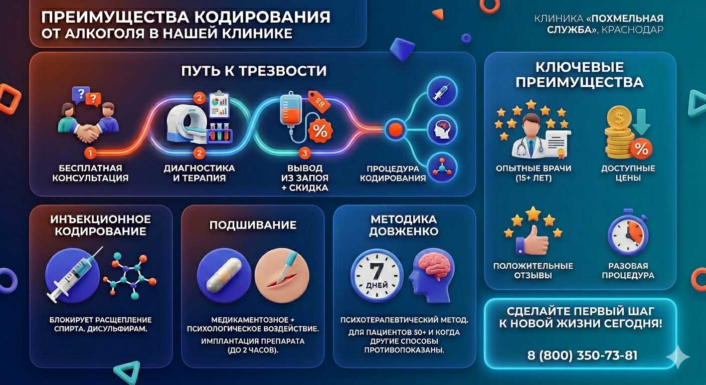 Инфографика о методах кодирования от алкоголя в Южной Озереевке: инъекции, подшивание, метод Довженко. Преимущества клиники и этапы лечения.